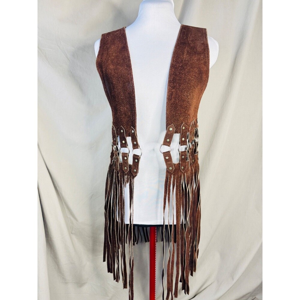 VERY RARE Vintage 70s Leather long Fringe Vest Dress Boho Hippie Festival Biker